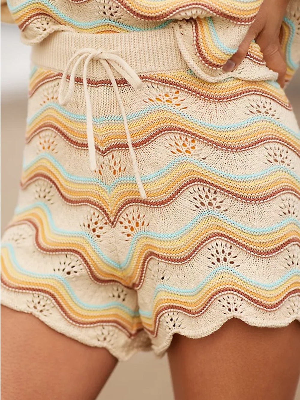 l*space Knit Wave Stripe High-Waist Shorts — Cream with Pastel Stripes